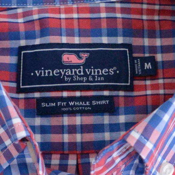 Vineyard Vines Blue & Red Checker Slim Fit Whales 100% Cotton Button Up Shirt M - Picture 11 of 12